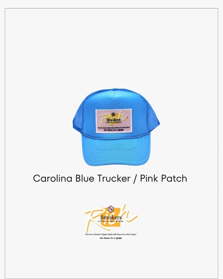 Carolina Blue with Pink Patch - 5 Panel High Crown RS Trucker Hat