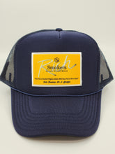 Load image into Gallery viewer, Navy Blue with Gold Patch - 5 Panel High Crown RS Trucker Hat
