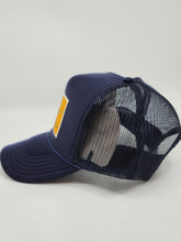 Load image into Gallery viewer, Navy Blue with Gold Patch - 5 Panel High Crown RS Trucker Hat
