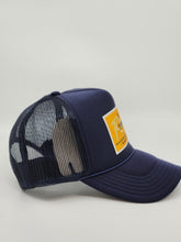 Load image into Gallery viewer, Navy Blue with Gold Patch - 5 Panel High Crown RS Trucker Hat
