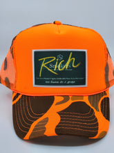 Load image into Gallery viewer, Neon Orange Camo with Hunter Green Patch - 5 Panel High Crown RS Trucker Hat
