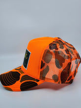 Load image into Gallery viewer, Neon Orange Camo with Hunter Green Patch - 5 Panel High Crown RS Trucker Hat
