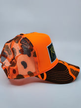 Load image into Gallery viewer, Neon Orange Camo with Hunter Green Patch - 5 Panel High Crown RS Trucker Hat
