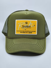 Load image into Gallery viewer, Olive Green with Gold Patch - 5 Panel High Crown RS Trucker Hat
