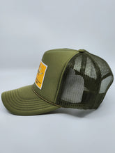 Load image into Gallery viewer, Olive Green with Gold Patch - 5 Panel High Crown RS Trucker Hat
