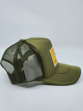 Load image into Gallery viewer, Olive Green with Gold Patch - 5 Panel High Crown RS Trucker Hat
