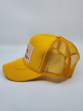 Load image into Gallery viewer, Yellow Gold with Pink Patch - 5 Panel High Crown RS Trucker Hat
