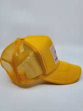 Load image into Gallery viewer, Yellow Gold with Pink Patch - 5 Panel High Crown RS Trucker Hat
