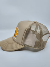 Load image into Gallery viewer, Khaki with Gold Patch - 5 Panel High Crown RS Trucker Hat
