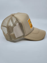 Load image into Gallery viewer, Khaki with Gold Patch - 5 Panel High Crown RS Trucker Hat
