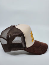 Load image into Gallery viewer, Two Toned Brown &amp; Tan with Gold Patch - 5 Panel High Crown RS Trucker Hat
