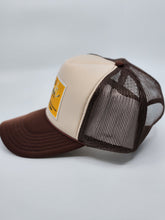 Load image into Gallery viewer, Two Toned Brown &amp; Tan with Gold Patch - 5 Panel High Crown RS Trucker Hat
