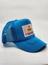 Load image into Gallery viewer, Turquoise Blue with Pink Patch - 5 Panel High Crown RS Trucker Hat
