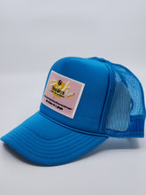 Load image into Gallery viewer, Turquoise Blue with Pink Patch - 5 Panel High Crown RS Trucker Hat
