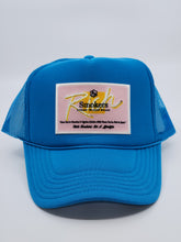 Load image into Gallery viewer, Turquoise Blue with Pink Patch - 5 Panel High Crown RS Trucker Hat
