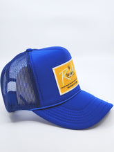 Load image into Gallery viewer, Royal Blue with Gold Patch - 5 Panel High Crown RS Trucker Hat
