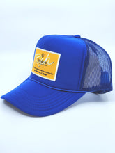 Load image into Gallery viewer, Royal Blue with Gold Patch - 5 Panel High Crown RS Trucker Hat
