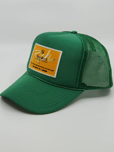 Load image into Gallery viewer, Kelly Green with Gold Patch - 5 Panel High Crown RS Trucker Hat
