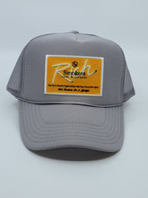 Load image into Gallery viewer, Cool Grey with Gold Patch - 5 Panel High Crown RS Trucker Hat
