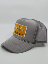 Load image into Gallery viewer, Cool Grey with Gold Patch - 5 Panel High Crown RS Trucker Hat
