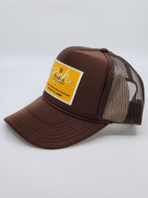 Load image into Gallery viewer, Brown with Gold Patch - 5 Panel High Crown RS Trucker Hat
