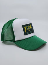 Load image into Gallery viewer, Kelly Green &amp; White with Green Patch 5 Panel High Crown RS Trucker Hat
