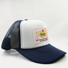 Load image into Gallery viewer, Two Toned Navy &amp; White with Pink Patch- 5 Panel High Crown RS Trucker Hat
