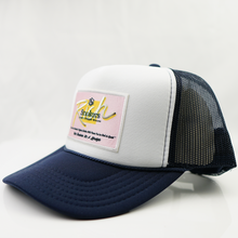 Load image into Gallery viewer, Two Toned Navy &amp; White with Pink Patch- 5 Panel High Crown RS Trucker Hat
