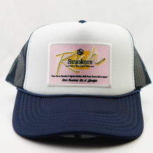 Load image into Gallery viewer, Two Toned Navy &amp; White with Pink Patch- 5 Panel High Crown RS Trucker Hat
